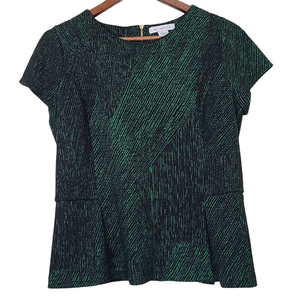 Liz Claiborne Womens Peplum Top Blouse Green Black Size Large Short Sleeve